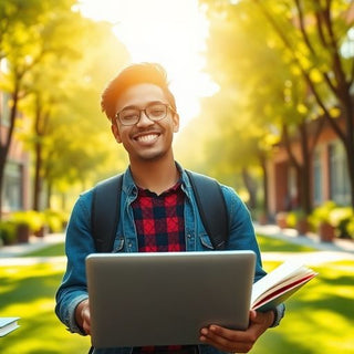 University student studying on a vibrant campus with books.