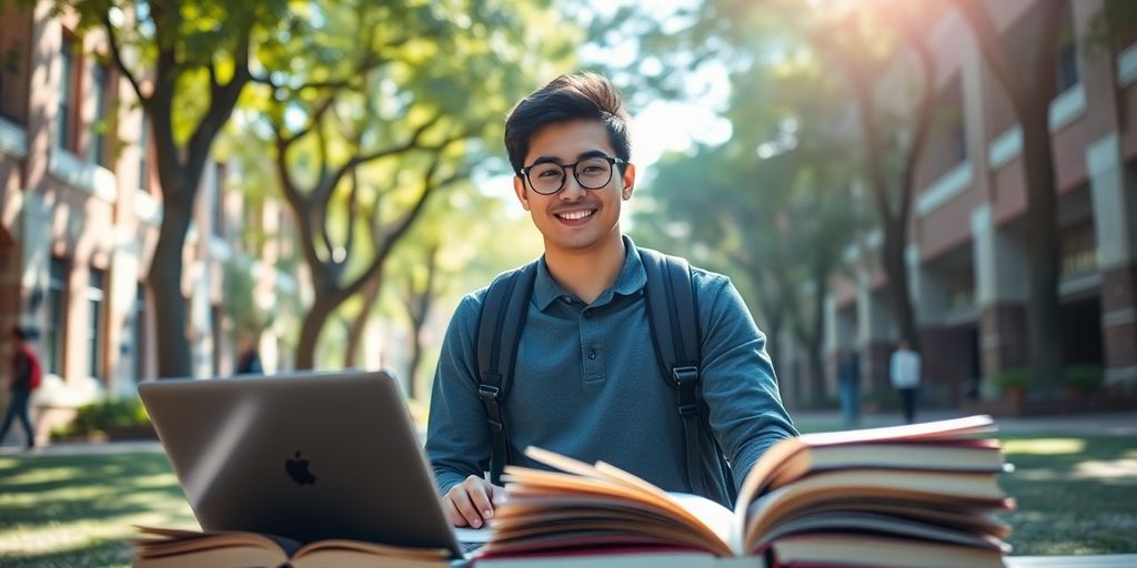 University student studying in a lively campus setting.