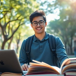 University student studying in a lively campus setting.