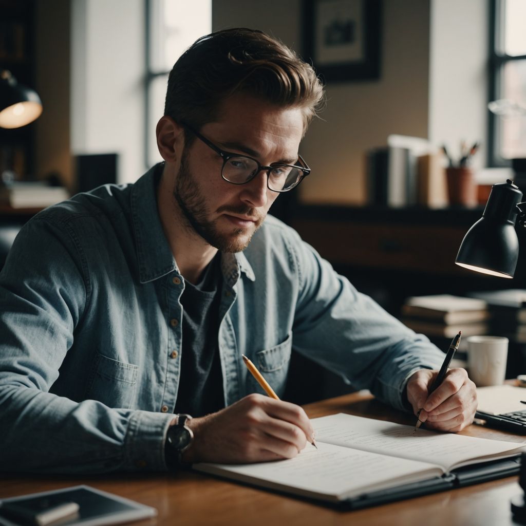 Scholar writing a research proposal at a desk