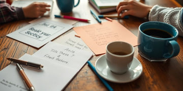 Brainstorming session with notepads and coffee on table.
