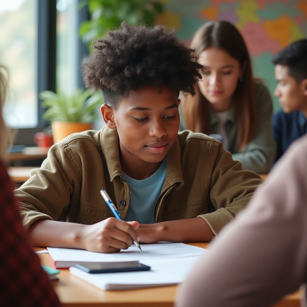 Estudante universitário escrevendo em um ambiente colorido.