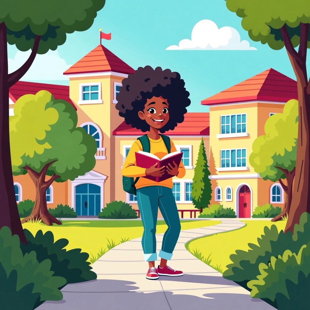 Diverse student studying in a colorful university setting.