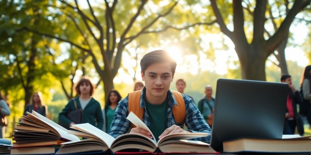 University student studying in a vibrant campus setting.