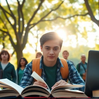 University student studying in a vibrant campus setting.