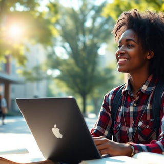 University student in a vibrant campus with books and laptop.