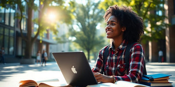 University student in a vibrant campus with books and laptop.