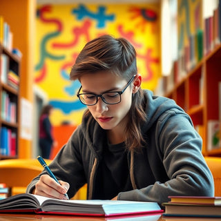 University student writing in a colorful study environment.