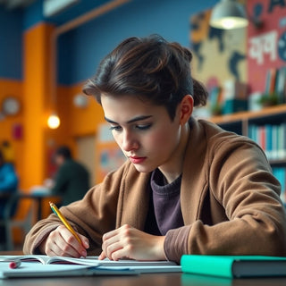 Estudiante universitario escribiendo en un entorno colorido.