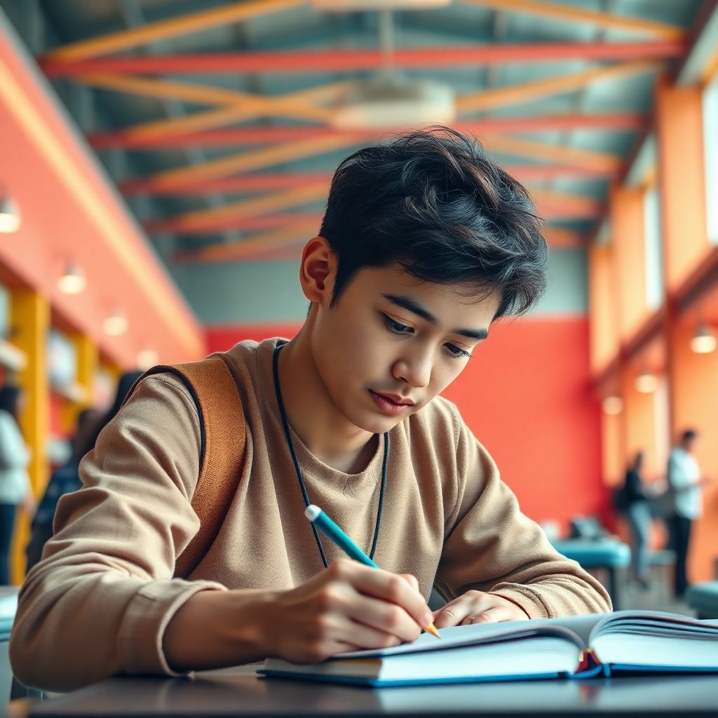 Estudante universitário escrevendo em um ambiente colorido.