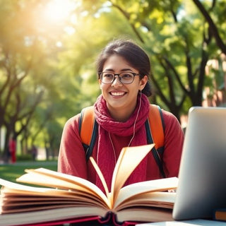 University student in a lively campus environment with books.