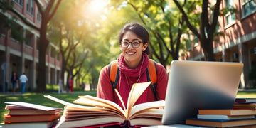 University student in a lively campus environment with books.