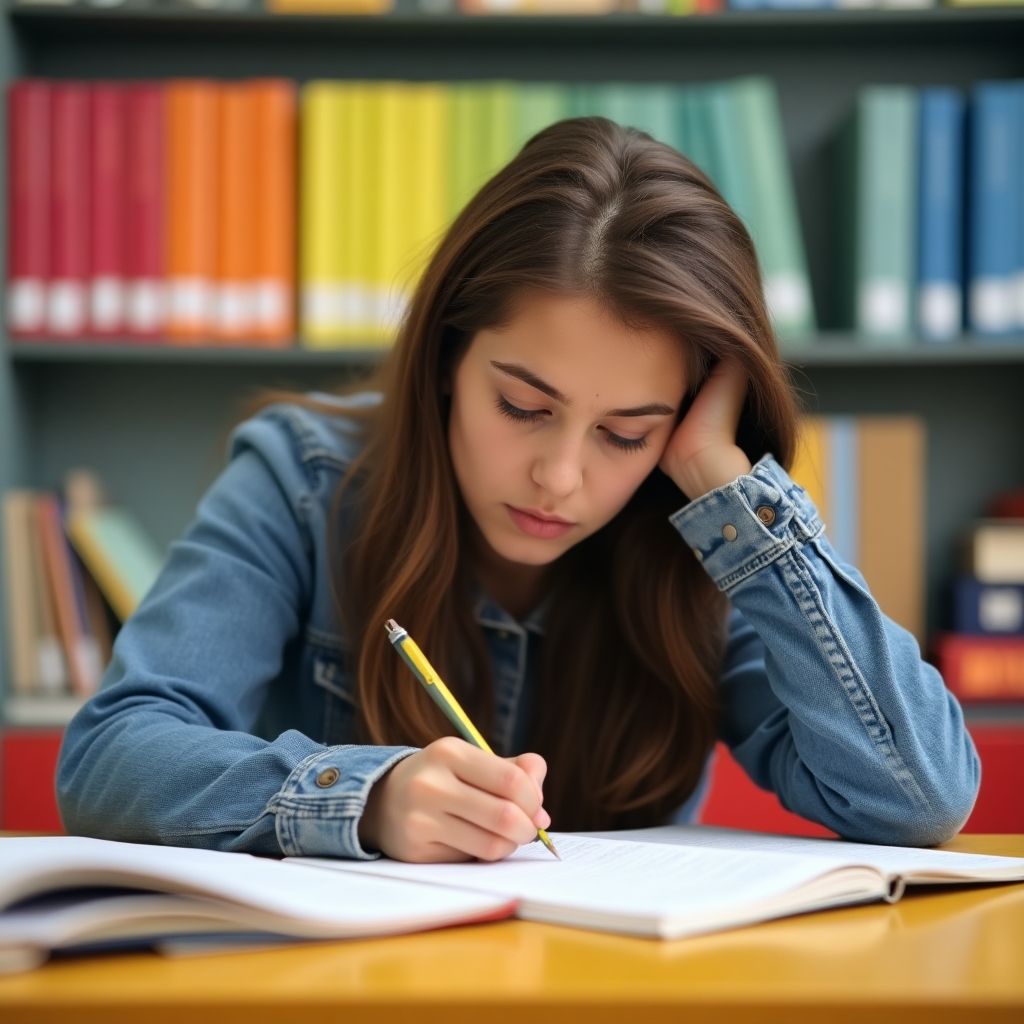 Estudiante universitario escribiendo en un entorno vibrante.