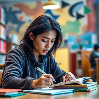 University student writing in a vibrant study environment.