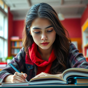 University student writing in a colorful study environment.