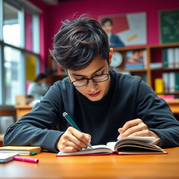 University student writing in a vibrant study environment.