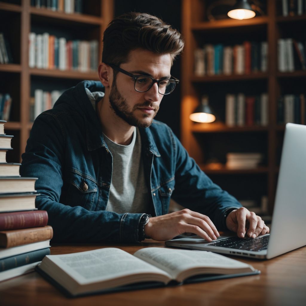 Student writing thesis with books and coffee