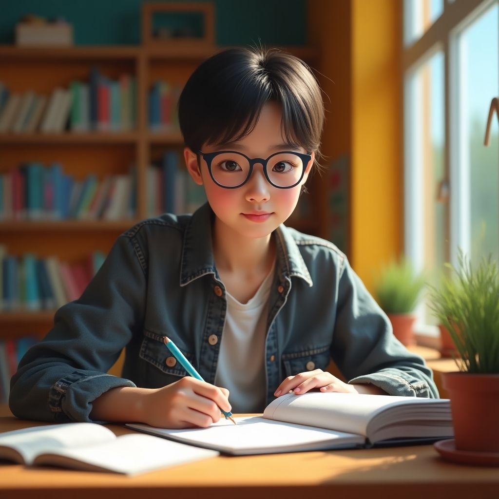 University student writing in a colorful, vibrant setting.