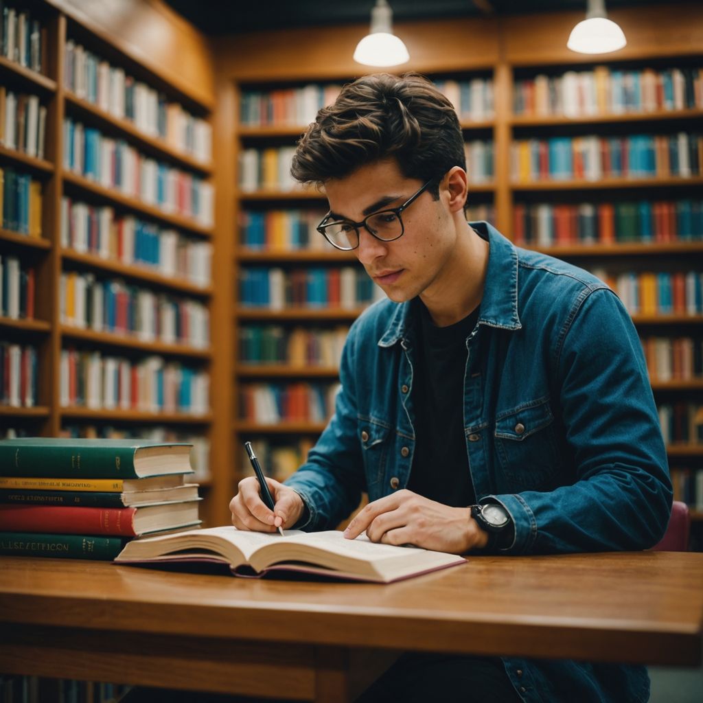 Estudiante en biblioteca escribiendo revisión de literatura