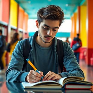 University student writing in a vibrant, colorful setting.