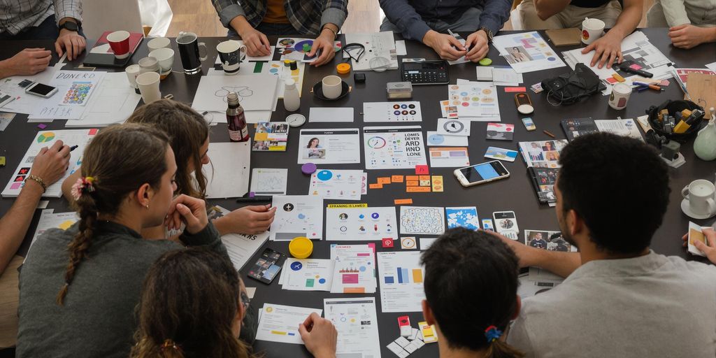Group discussing consumer trends and analysis around a table.