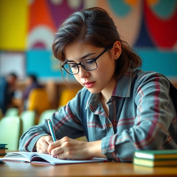 University student writing in a vibrant, colorful setting.