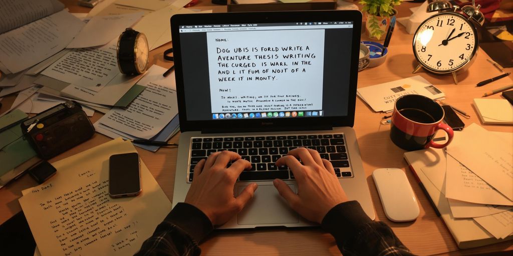 Person writing at a desk with a laptop and coffee.