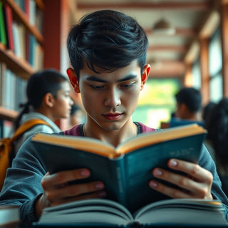 University student reading in a vibrant, colorful environment.