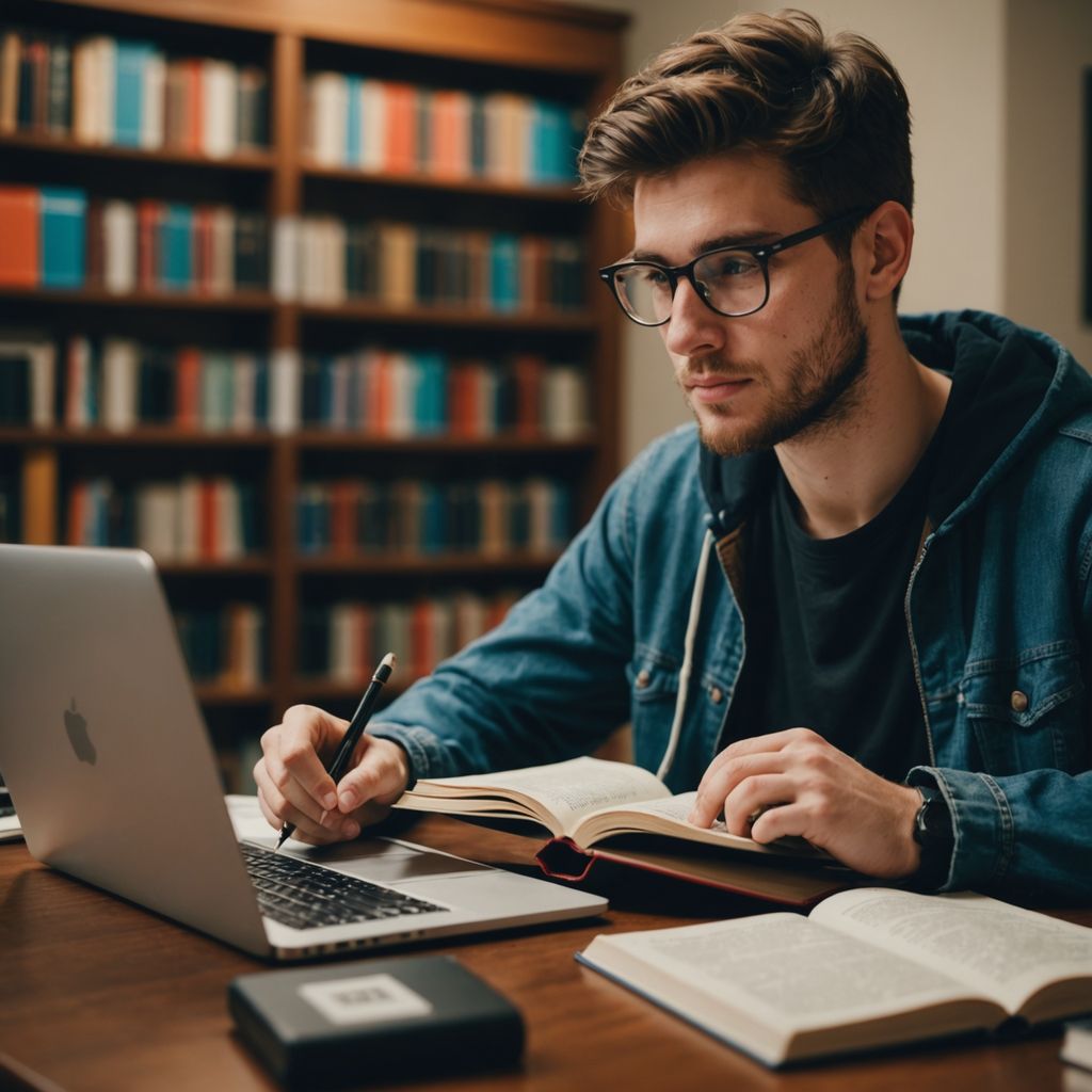 Student working on honors thesis with books and laptop