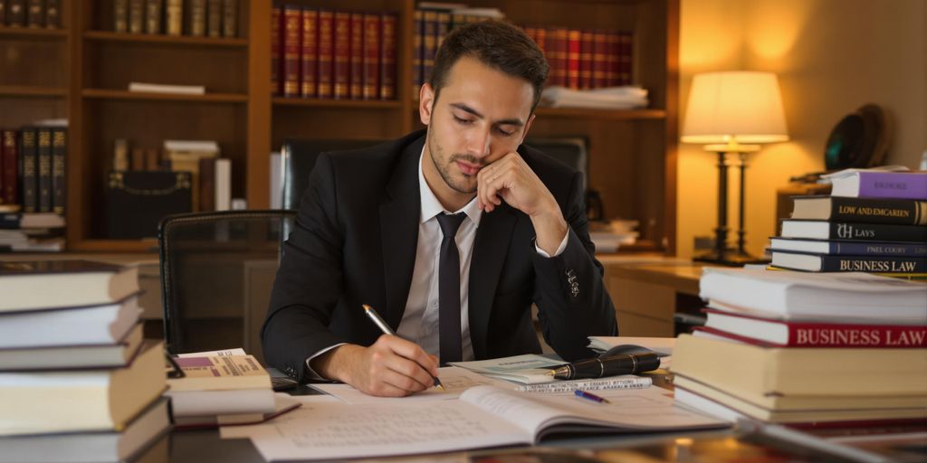 Student studying law with books and documents on desk.