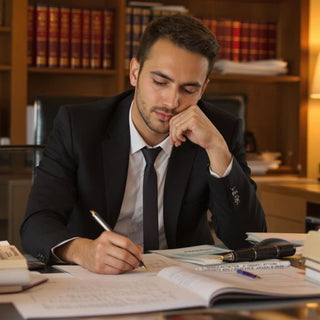 Student studying law with books and documents on desk.