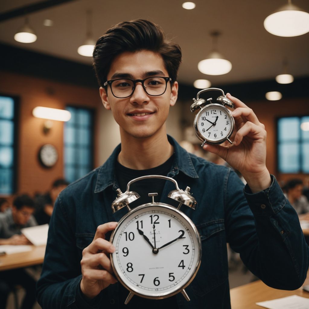 Student celebrating thesis completion with clock behind