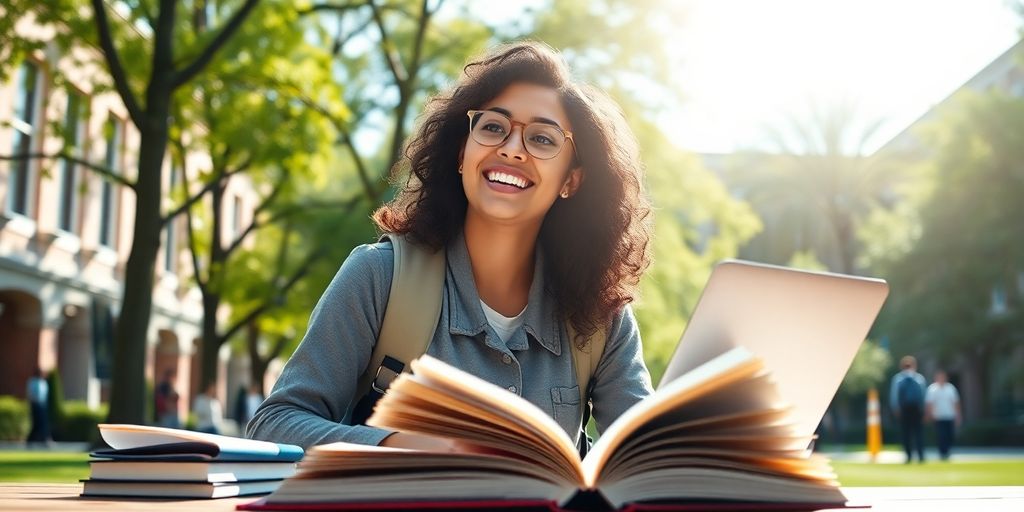 University student studying in a vibrant campus environment.