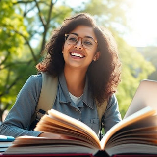 University student studying in a vibrant campus environment.