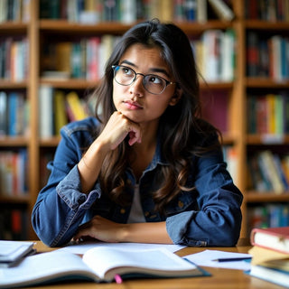 Student pondering research options in a colorful university.