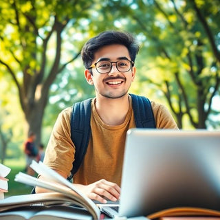 University student in a vibrant campus studying with books.