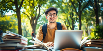 University student in a vibrant campus studying with books.