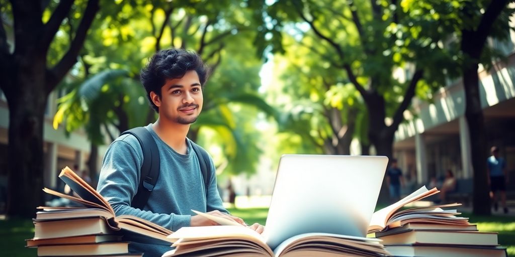 University student in a lively campus with books and laptop.