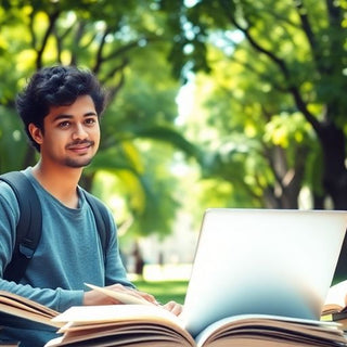 University student in a lively campus with books and laptop.