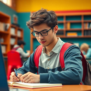 University student engaged in writing in a vibrant setting.