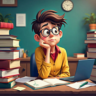 Estudiante reflexionando sobre temas de tesis entre libros y notas.