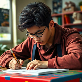 University student writing at a colorful study desk.