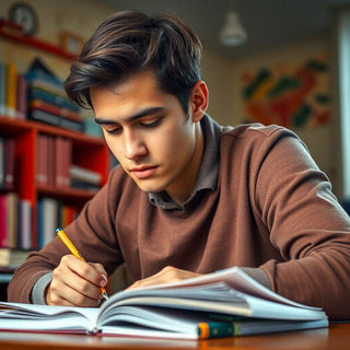 University student writing in a vibrant study environment.