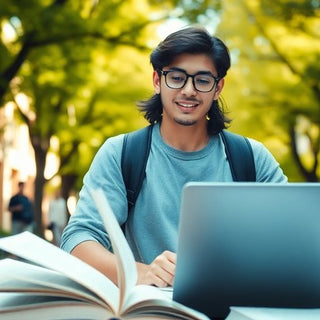 Estudiante universitario en un campus vibrante y académico.