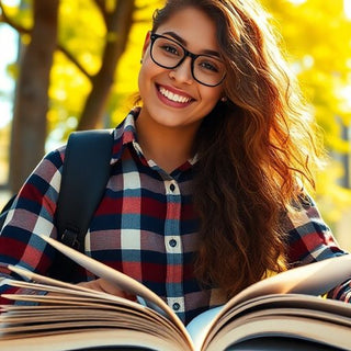 University student in a lively campus environment with books.