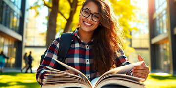 University student in a lively campus environment with books.