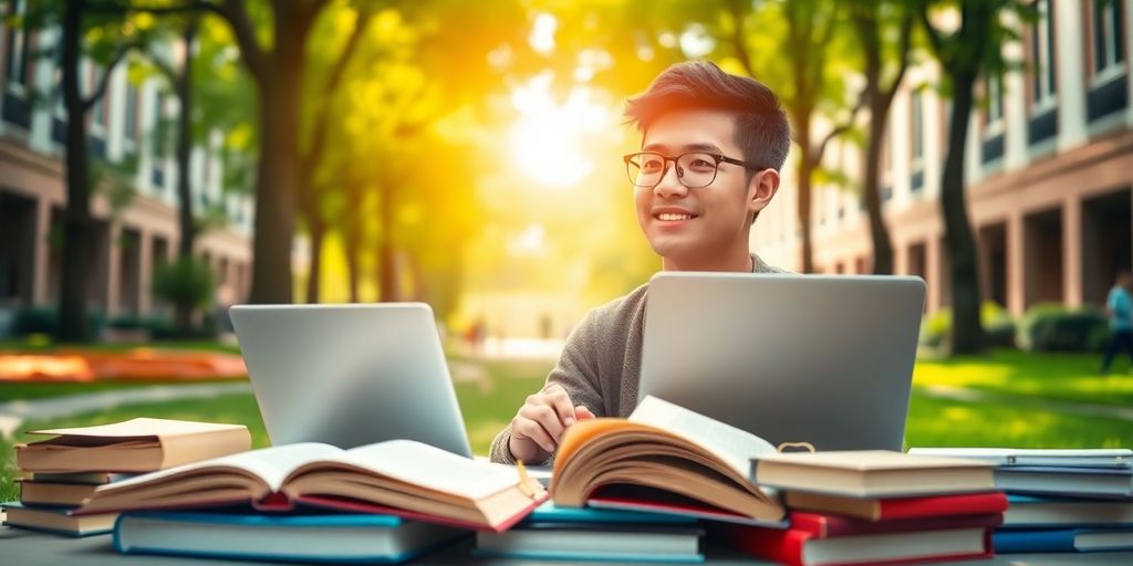 Estudiante universitario en un campus vibrante y dinámico.