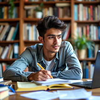 Estudiante planificando una tesis de maestría con libros y computadora portátil.