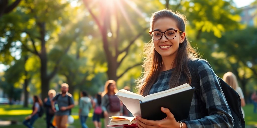 University student studying in a vibrant campus setting.