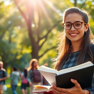 University student studying in a vibrant campus setting.